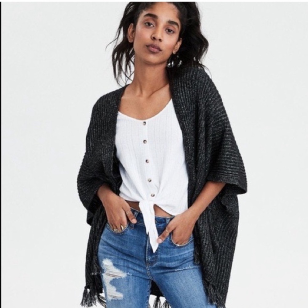 American Eagle oversized knit fringe midi cardigan kimono charcoal gray